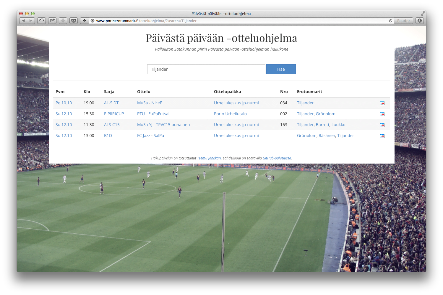 Otteluohjelmahaku työdöydällä
