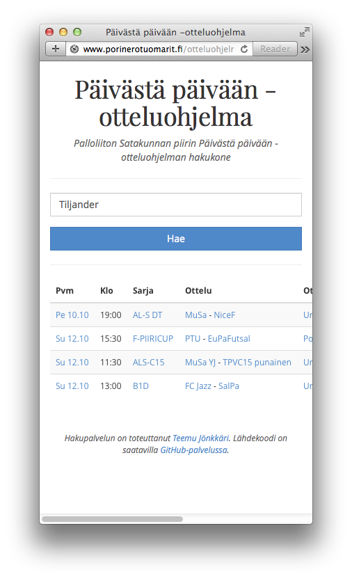 Otteluohjelmahaku puhelimessa
